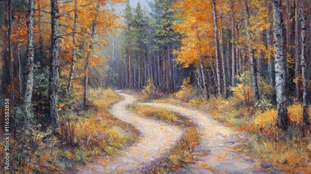 Obraz premium Serene Autumn Pathway Through Golden Forest