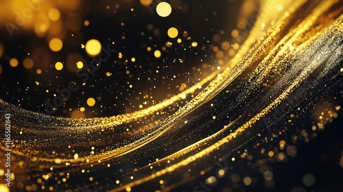 Abstract luxury swirling gold background with gold particle. Christmas Golden light shine particles bokeh on dark background. Gold foil texture, realistic, image photo