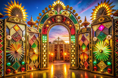 Vibrant festival gates with geometric patterns and glowing lights at sunset