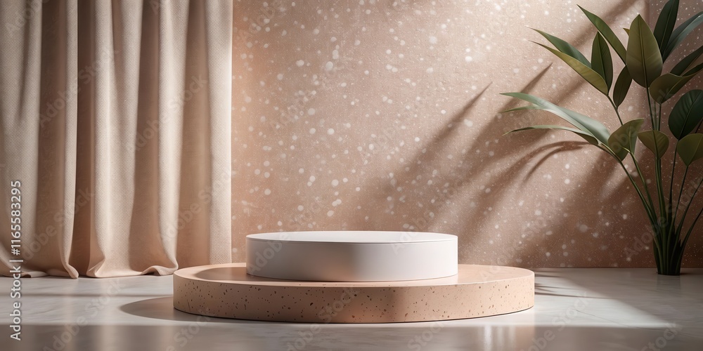 Minimalistic Product Display Featuring a Two-Tiered Pedestal with White Top and Beige Base, Set Against a Textured Wall with a Beige Curtain and a Palm Leaf Plant Minimalistic Product Display Featuring a Two-Tiered Pedestal with White Top and Beige Base, Set Against a Textured Wall with a Beige Curtain and a Palm Leaf Plant