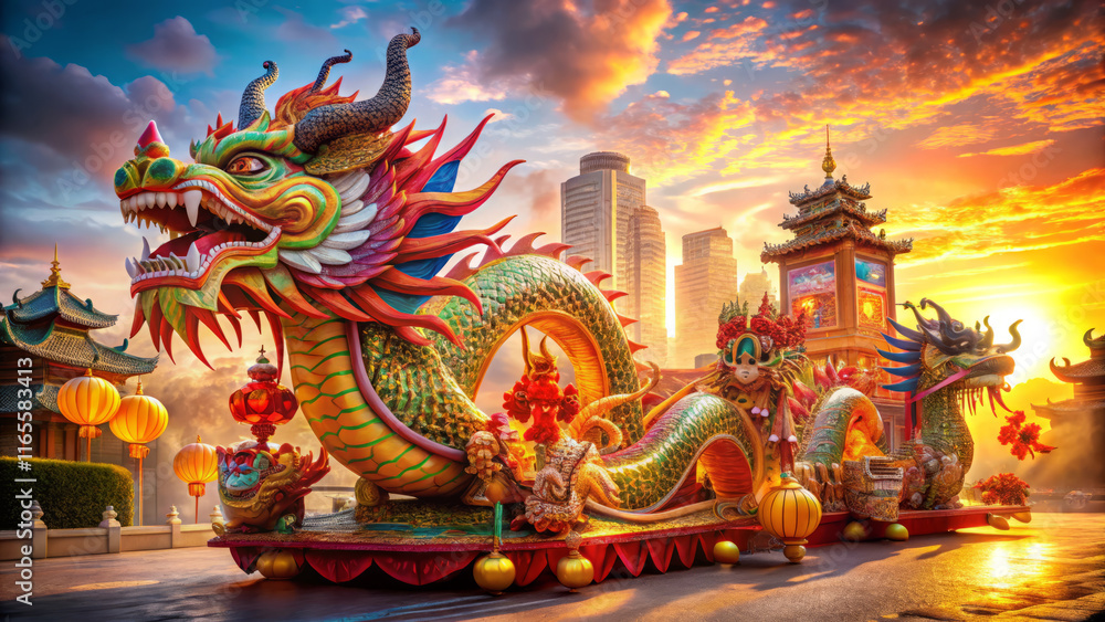Fototapeta premium Majestic dragon float in vibrant Lunar New Year parade at sunset