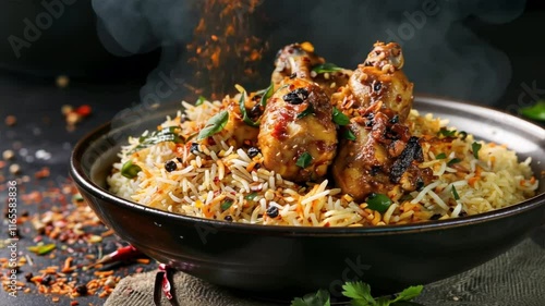 Delicious chicken biryani bowl with fragrant rice, garnished with fresh herbs and spices, perfect meal for food lovers and delightful cuisine experience.