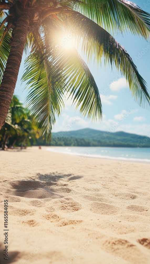 Obraz premium Tropical Paradise Sun-Kissed Palm Fronds and Pristine Sands on a Serene Island Beach