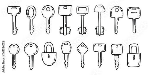 Sketch hand drawn doodle key icon set. Vintage locks and keys. Outline decor security elements collection.