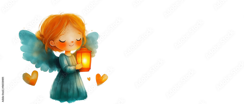 Fototapeta premium Little Angel with Lantern: A sweet and charming illustration of a little angel holding a glowing lantern, surrounded by hearts. Perfect for adding a touch of innocence and hope to your designs. 