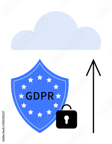 Blue shield with GDPR surrounded by stars, lock icon, and upward arrow beneath a cloud. Ideal for data security, privacy, compliance, cloud computing, EU regulations cyber security technology. Line