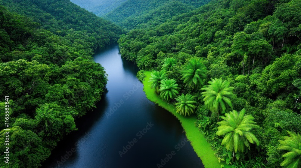 Lush green rainforest with a winding river surrounded by vegetation. Lush green rainforest with a winding river surrounded by vegetation.