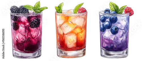 Refreshing Berry Bliss: A vibrant trio of iced berry cocktails, meticulously illustrated, showcasing blackberry, raspberry, and blueberry variations. Perfect for summer menus and beverage promotions.