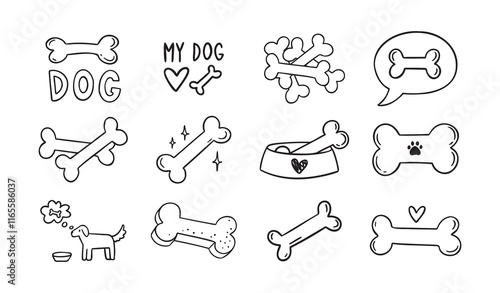 Hand drawn doodle bone for dogs set. Outline isolated drawing bones on white background. Line bone icons. 