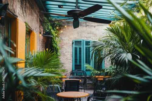A cafe courtyard in New Orleans features an exterior ceiling fan
