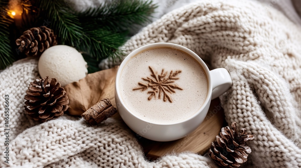 Cup of coffee with a snowflake design in froth, surrounded by pinecones, greenery, and a cozy knit blanket. Cup of coffee with a snowflake design in froth, surrounded by pinecones, greenery, and a cozy knit blanket.