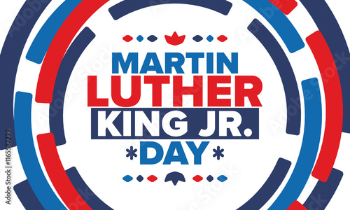 Martin Luther King, Jr. Day. Celebrated annual in United States in January, federal holiday. African American Rights Fighter. Patriotic american elements. Poster, card, banner, background. Vector