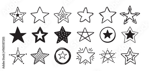 Hand drawn doodle stars set. different drawing stars isolated on white background.