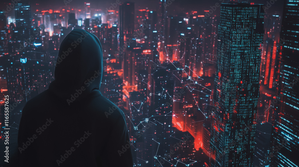 Hacker are planning to hack and attack networks and cyber security systems. Smart Innovation city with connection future wireless digital city and social media networking over the cityscape. Hacker are planning to hack and attack networks and cyber security systems. Smart Innovation city with connection future wireless digital city and social media networking over the cityscape.