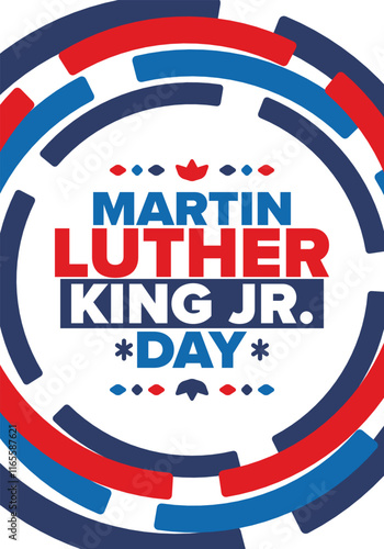 Martin Luther King, Jr. Day. Celebrated annual in United States in January, federal holiday. African American Rights Fighter. Patriotic american elements. Poster, card, banner, background. Vector
