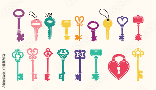 Hand drawn colored vector Keys. Doodle various vintage, modern and cute isolated keys. Different types, sizes.