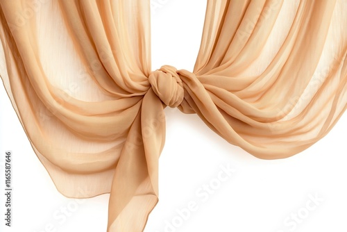 A lengthy tan curtain with tassels cinched in the middle set against a white backdrop photo