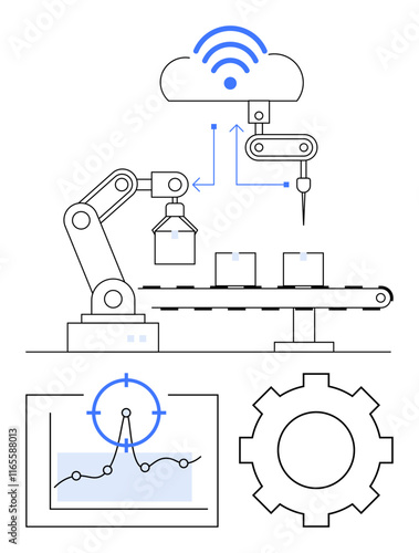 Robotic arm working on conveyor, cloud integration, and data analytics dashboard. Ideal for Industry 4.0, IoT, automation, machine learning, innovation manufacturing abstract line flat metaphor