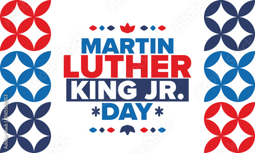 Martin Luther King, Jr. Day. Celebrated annual in United States in January, federal holiday. African American Rights Fighter. Patriotic american elements. Poster, card, banner, background. Vector