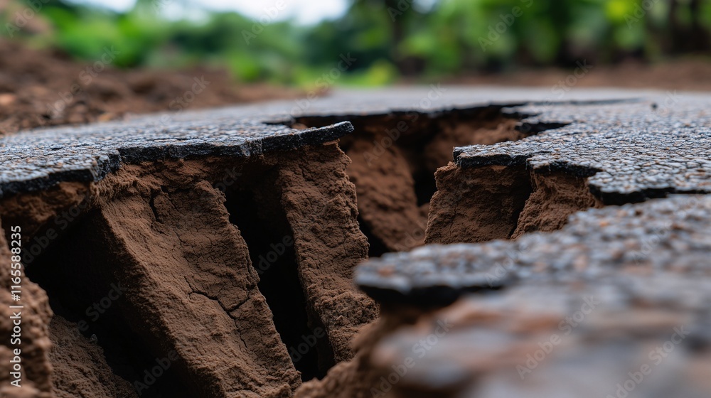 Deep cracks in an asphalt road revealing exposed soil, surrounded by a natural green landscape. Deep cracks in an asphalt road revealing exposed soil, surrounded by a natural green landscape.