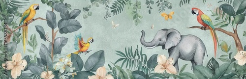 Jungle animal wallpaper featuring elephants and parrots in a whimsical nursery
