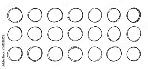Highlight round doodle circle frames set. Marker pencil lines. Round note brush mark. 