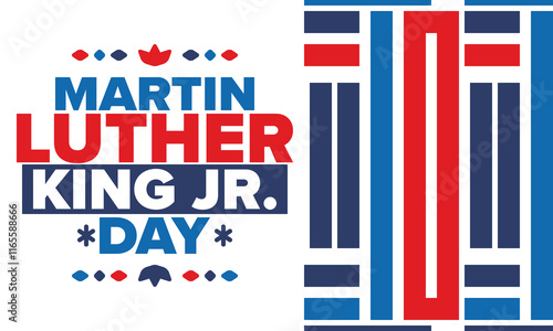 Martin Luther King, Jr. Day. Celebrated annual in United States in January, federal holiday. African American Rights Fighter. Patriotic american elements. Poster, card, banner, background. Vector