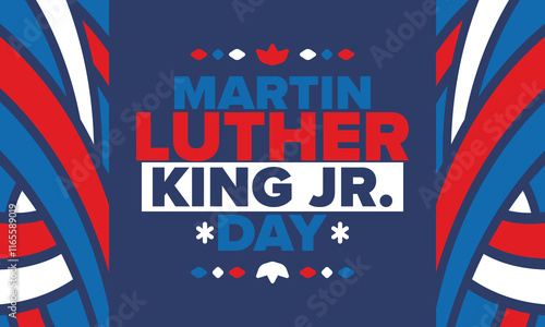 Martin Luther King, Jr. Day. Celebrated annual in United States in January, federal holiday. African American Rights Fighter. Patriotic american elements. Poster, card, banner, background. Vector