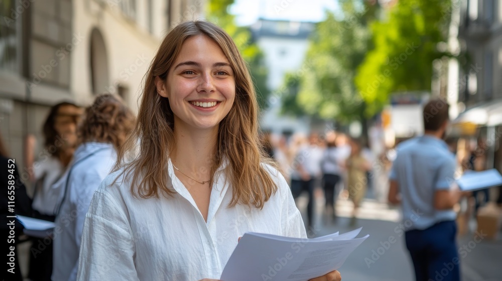 A woman is smiling and holding papers in her hand A woman is smiling and holding papers in her hand