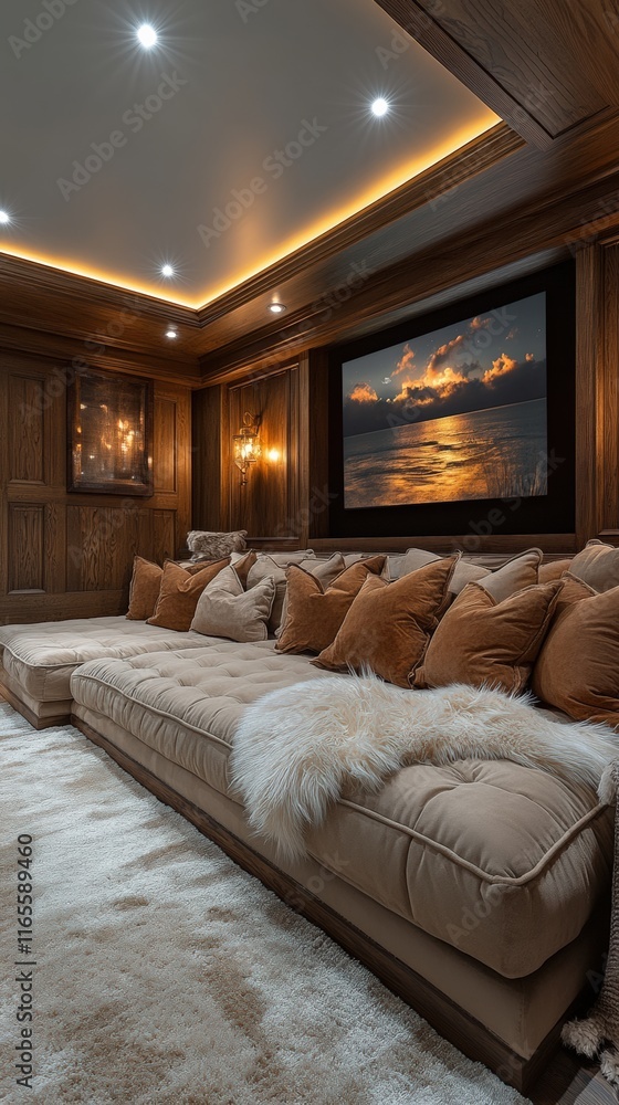 Luxury vertical media room with tall wall panels and high fidelity sound cozy atmosphere modern design elegant interior relaxing environment Luxury vertical media room with tall wall panels and high fidelity sound cozy atmosphere modern design elegant interior relaxing environment