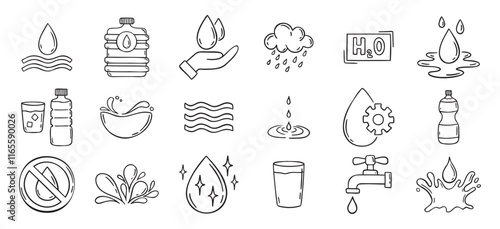 Water doodle hand drawn icons set. Water drawing sketch signs 