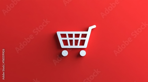 A white shopping cart is on a red background