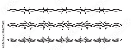 Barbed wire isolated template border. Wire barb fence set. Protection barbed wire silhouette outline clipart