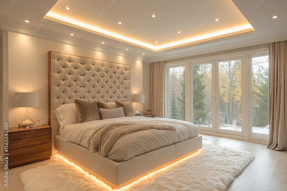 Elegant minimalist bedroom with recessed lighting contemporary design cozy atmosphere nature view interior tranquil sanctuary Elegant minimalist bedroom with recessed lighting contemporary design cozy atmosphere nature view interior tranquil sanctuary