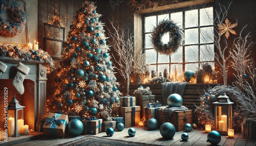 Rustic Christmas Living Room Decor with Marine Blue Ornaments, Snowy Tree, Cozy Fireplace, and Festive Gifts by Frosted Window photo