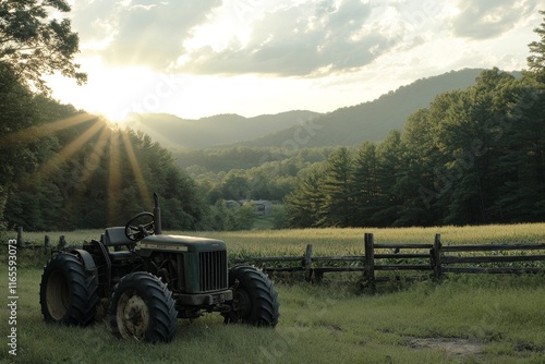 A tractor is parked in a field with a fence in the background
