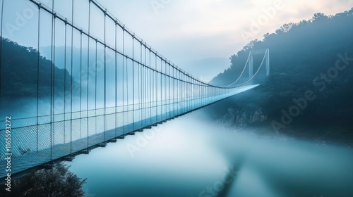 A modern suspension bridge stretching across a misty river, representing connection, collaboration, and the bridging of gaps to achieve a common mission. photo