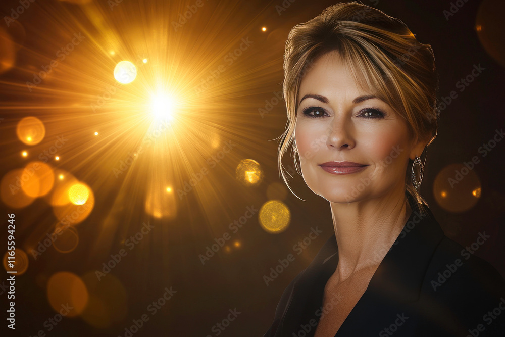 Elegant woman with soft features illuminated by warm golden light, exuding confidence and grace in a captivating portrait with bokeh effects Elegant woman with soft features illuminated by warm golden light, exuding confidence and grace in a captivating portrait with bokeh effects