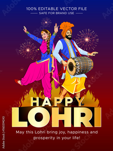 Happy Lohri. Sikh couple dancing and celebrating Lohri festival. Cultural festival of Punjab Sikh community.