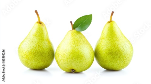 Three fresh green pears with a leaf on a white background.