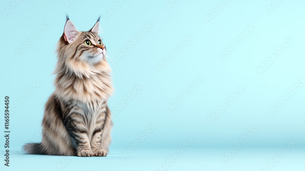 Obraz premium A fluffy cat sitting gracefully against a light blue background.