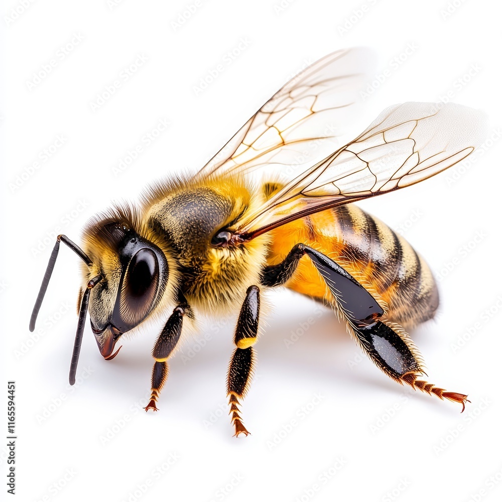 A Honeybee Isolated on a White Background, Insect Macro Photography, Nature, Pollination, Entomology A Honeybee Isolated on a White Background, Insect Macro Photography, Nature, Pollination, Entomology