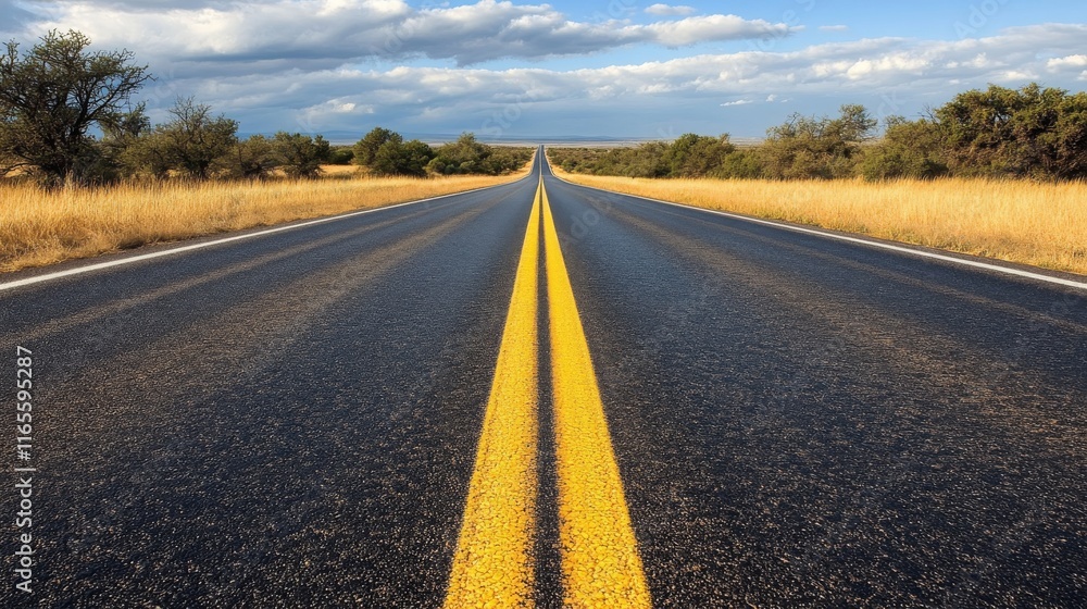 A long, empty road with yellow lines and a few trees in the background A long, empty road with yellow lines and a few trees in the background