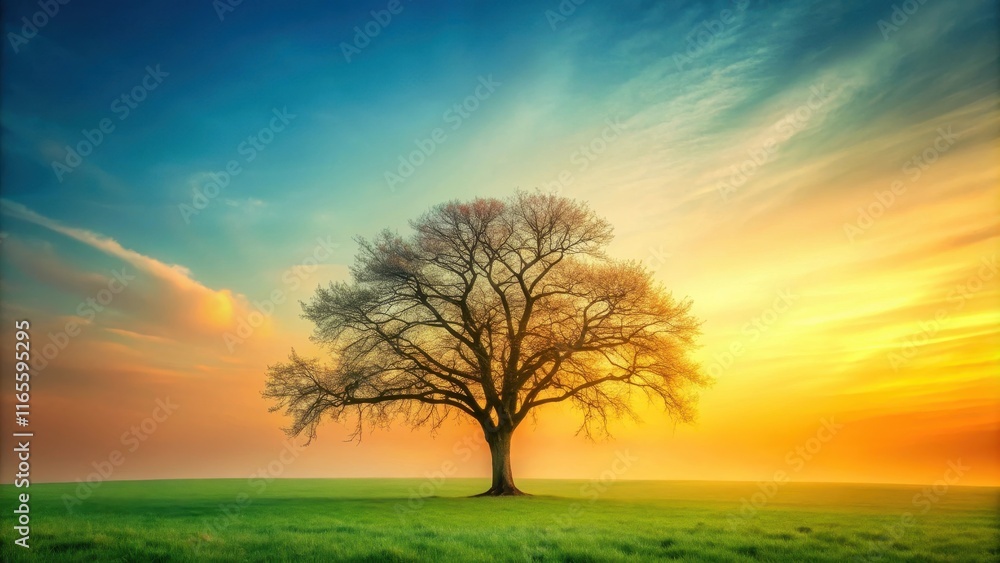 Obraz premium Serene Sunrise A solitary tree stands in a vibrant green field, silhouetted against a breathtaking sunrise sky with a blend of orange, yellow, and blue hues.