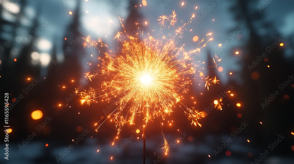 Fototapeta premium Bright Burning Sparklers Against Dark Forest Background