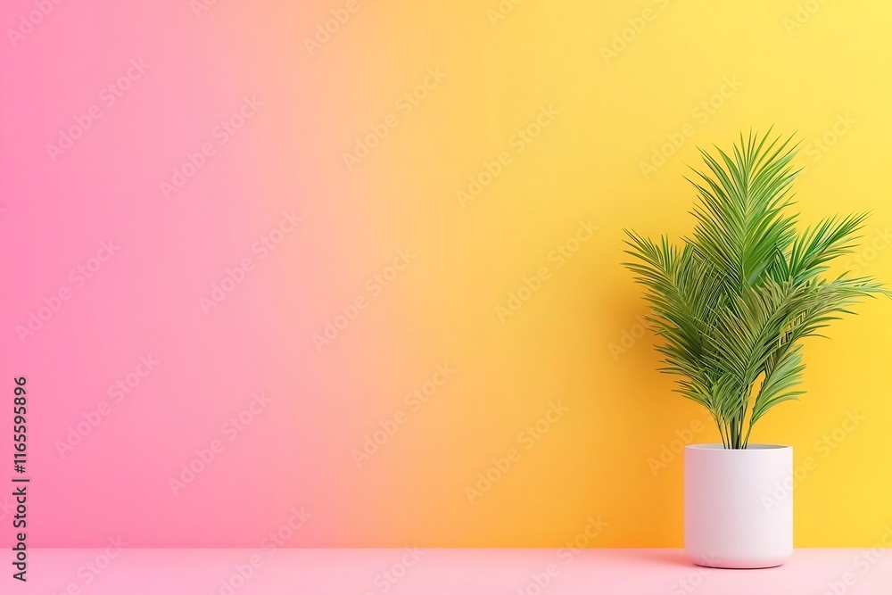 Lush Tropical Houseplant in Stylish Planter on Vibrant Pink and Yellow Gradient Background Lush Tropical Houseplant in Stylish Planter on Vibrant Pink and Yellow Gradient Background