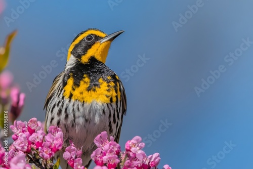 A yellow and black bird is perched on a pink flower photo