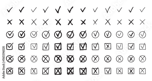Check marks hand drawn doodle set. tick, cross signs for checkbox, checklist, v and x in sketch set.