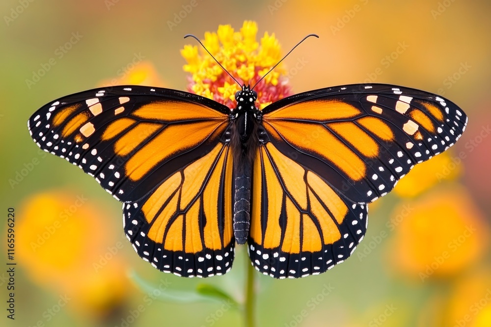Fototapeta premium A large orange butterfly sits on a yellow flower