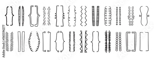 Hand drawn doodle brackets set. Scribble brackets and drawing in black. Wavy frames for text, silhouettes of parenthesis.